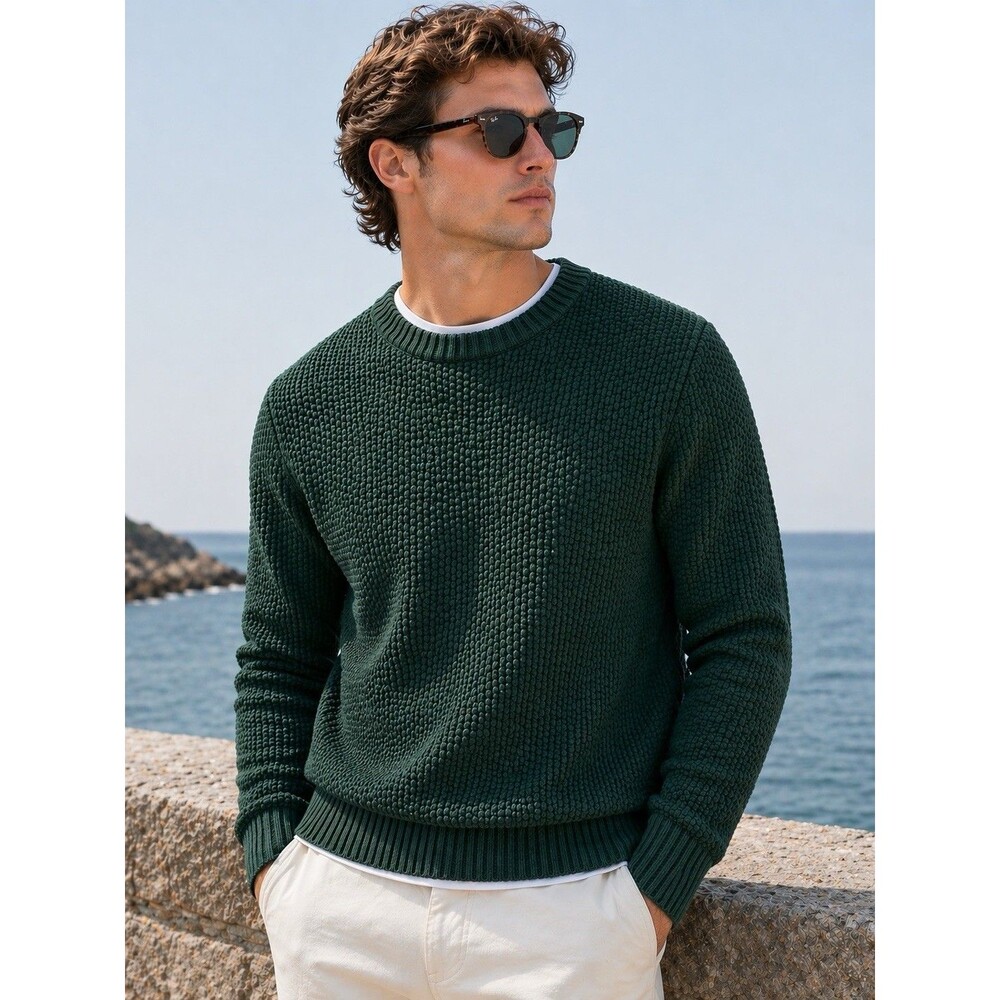 J Crew Mens XXL Green Premium Basket-stitch Cotton Crewneck Sweater